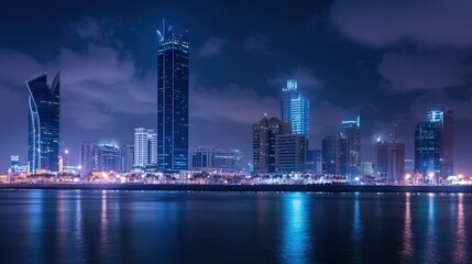 Fototapeta premium Nighttime view of the Four Seasons and Hilton Hotels in Manama, Bahrain, their lights creating a striking contrast against the dark sky.