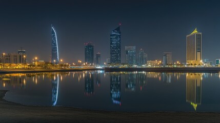 Naklejka premium Nighttime view of the Four Seasons and Hilton Hotels in Manama, Bahrain, their lights creating a striking contrast against the dark sky.