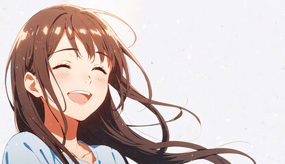 Fototapeta premium Cute face, smiling anime woman character illustration with long brown hair.