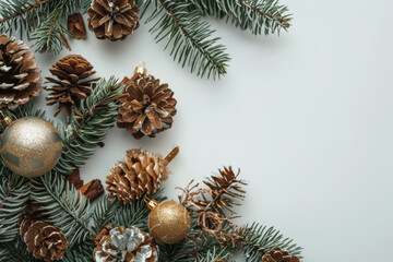 close up horizontal image of christmas decorations, with shiny glittery balls, pine cones and fir twigs, copy space