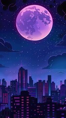 Futuristic cityscape under a glowing moon.