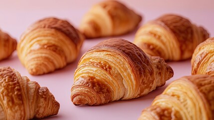 Fototapeta premium 3. A whole view of several croissants laid out on a gradient pastel background, with the delicate shades of the backdrop gently fading from one color to another, highlighting the richness of the