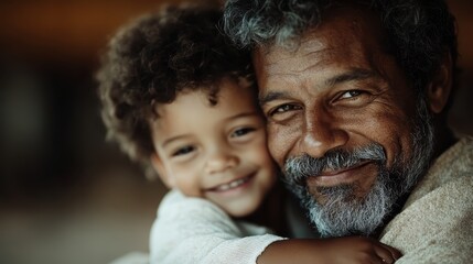 An endearing moment of a grandfather with salt-and-pepper hair and beard, sharing a close embrace with his cheerful grandchild, both beaming with joy.