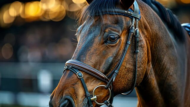 Close-up of a brown horse with bridle and bokeh background. Equine beauty and nature concept