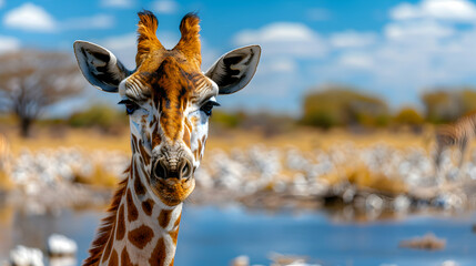 Fototapeta premium Herd Burchell Zebra With Lone Giraffe And Ory