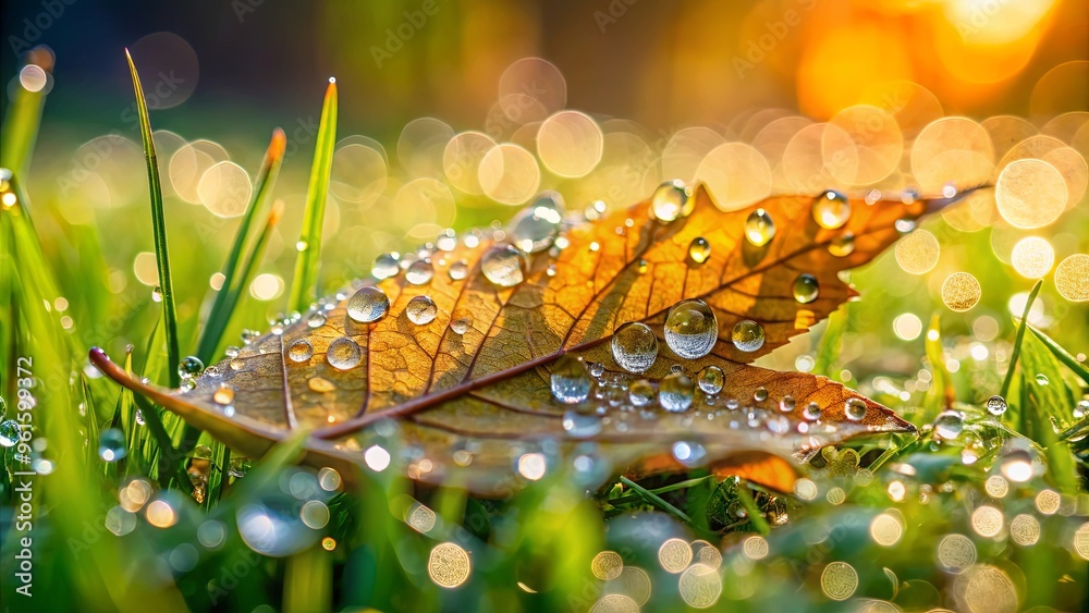 Wall mural leaves covered in water drops, blurry grass background