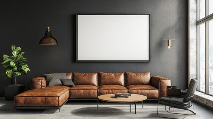 Industrial Style Living Room with Brown Leather Sofas and Blank Frame Mockup