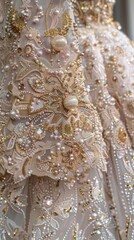 Naklejka premium Close-up of a delicate white dress with golden embroidery and pearls.