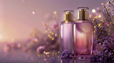 Elegant perfume bottles with lavender flowers in soft lighting