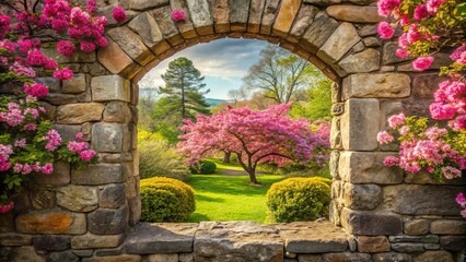 Fototapeta premium A magical garden view seen through a stone window framed by pink blossoms