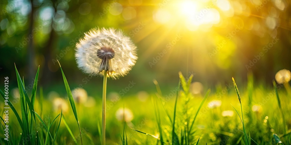 Sticker Close-up of dandelion in grass with sunlight shining on trees in background