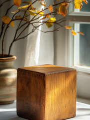 Wooden podium with plant vase against curtain and window background. Product presentation.