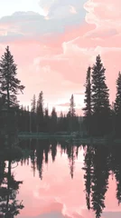 Peaceful reflection of a forest lake at sunset.