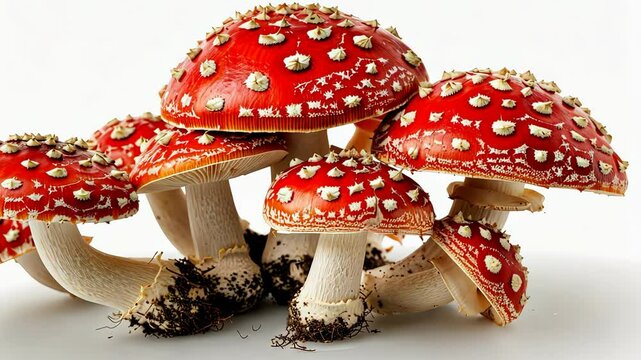 Cluster of red fly agaric mushrooms on white background