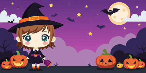 Halloween chibi girl, banner, cute, cartoon, anime style, spooky, Halloween theme, trick or treat, pumpkin, witch hat, candy, bat wings, kawaii, black cat, spooky night, haunted, ghost, chibi art, fes