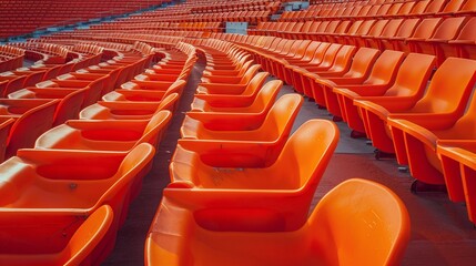 Fototapeta premium empty orange seats in sport stadium, modern outdoor arena with symmetrical seating design, concept of audience and fan seating in cultural environment