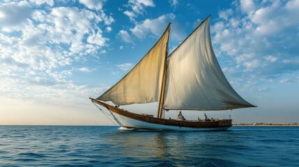 Fototapeta premium Traditional dhow sailing in open sea, its large sails catching the wind, a classic vessel used for pearl diving and transportation.