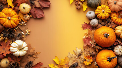 Autumn aesthetic card with pumpkins, dry flowers and leaves. Warm brown, golden and beige. Copy space. Generative AI