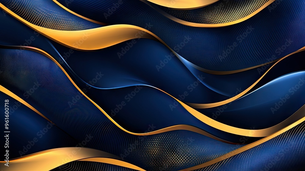 Poster vector abstract background with luxurious dynamic wavy lines in gold and deep blue, creating an eleg