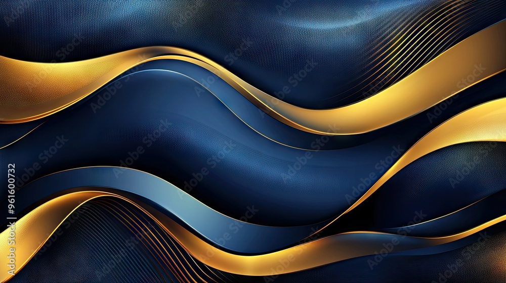Poster vector abstract background with luxurious dynamic wavy lines in gold and deep blue, creating an eleg