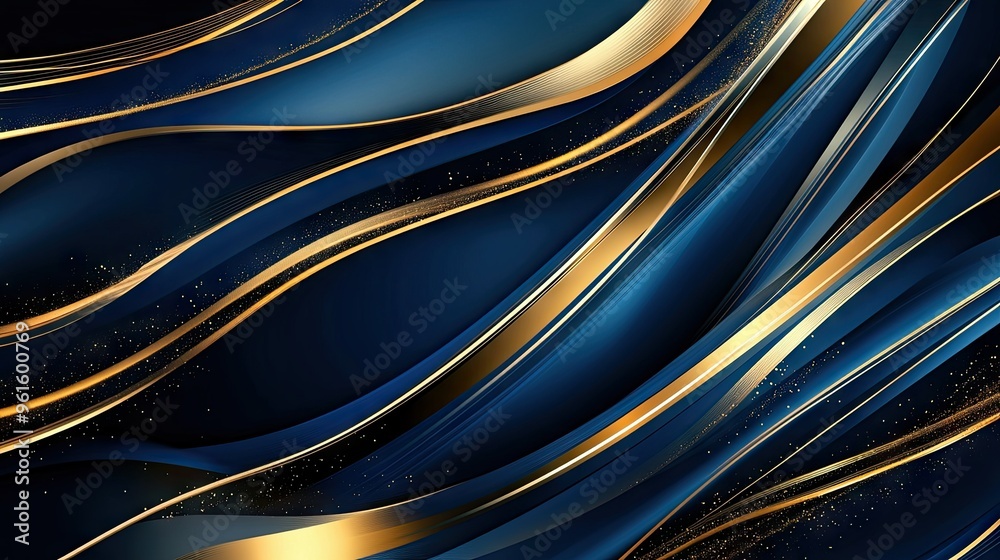 Poster vector abstract background with luxurious dynamic wavy lines in gold and deep blue, creating an eleg