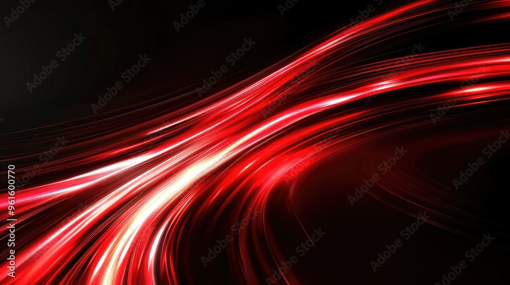 Poster vector abstract design featuring vibrant red light curves in swift motion against a black backdrop. 