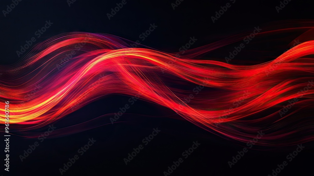 Poster vector abstract design featuring vibrant red light curves in swift motion against a black backdrop. 
