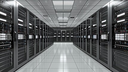 server racks in server room of data center, computing infrastructure and IT system setup for secure data storage, cloud processing, and digital communication