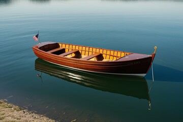 Naklejka premium Aerial View of Vintage Wooden Boat on Tranquil Lake with Reflective Water Surface