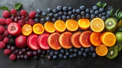 vibrant still life of exotic fruits arranged in a spiral pattern showcasing a rainbow of natural colors