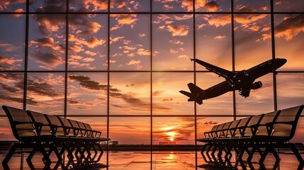 silhouette of a plane in sunset sky viewed from an empty airport, travel concept of taking off, starting a journey, or returning home, with copy space for aviation ideas
