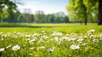 A field of daisies basking in the warm sunlight, their white petals glowing against the lush green grass.