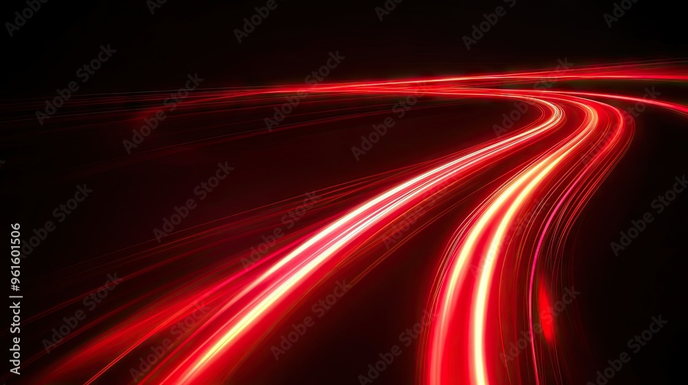 Poster vibrant red light trails curving rapidly on a black background, emphasizing speed and dynamic motion