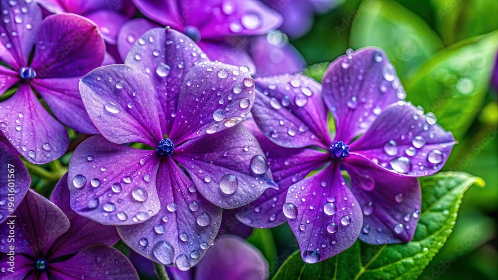 Sticker Close-up of purple blossoms with water droplets, next to a green foliage plant