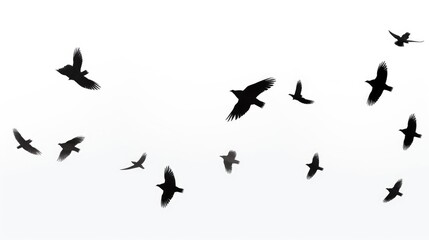 Fototapeta premium A flock of birds in silhouette fly against a white sky. The birds are arranged in a loose formation, creating a sense of movement and freedom.