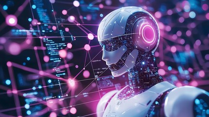 Fototapeta premium A futuristic AI robot with glowing lights surrounded by a complex data network, embodying advanced technology.
