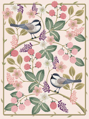 Vector illustration of flowers and cute little birds. Picture for poster, postcard, and frame.	