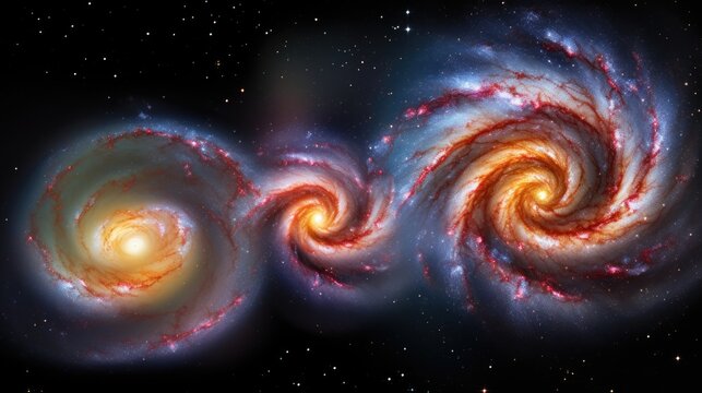 A mesmerizing cosmic dance unfolds in this stunning image of two swirling galaxies, their vibrant colors and intricate patterns a testament to the bea