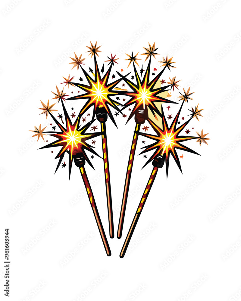 Wall mural Editable stroke vector of a set of sparklers burning.