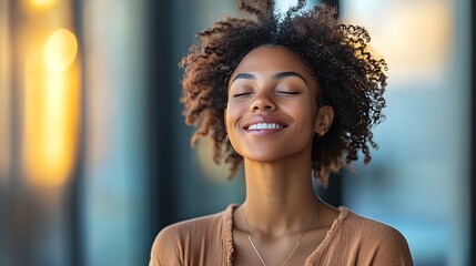 A young woman with curly hair and bright white teeth smiles with her eyes closed, capturing pure joy.
