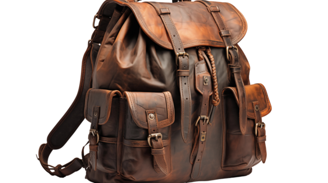leather travel backpack with multi pocket, studio view, isolated on transparent background.