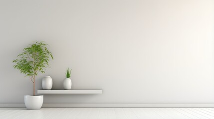 A minimalist interior with a white wall, a white shelf, and two white pots with green plants. The floor is white wood.