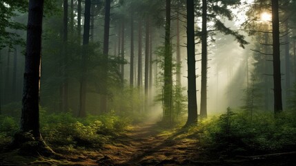 Obraz premium A misty forest path winds through tall trees, sunlight filtering through the canopy creating a magical atmosphere.