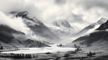 A misty mountain landscape with a frozen lake in the foreground. The mountains are covered in snow and the sky is overcast.
