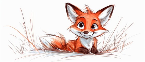 Obraz premium A red fox sits atop a verdant ground, its wide-open eyes gazing intently