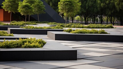 A modern, minimalist landscape design with geometric shapes and lush greenery.