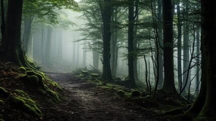 Fototapeta premium A mystical forest path winds through a dense canopy of trees, shrouded in a veil of fog.