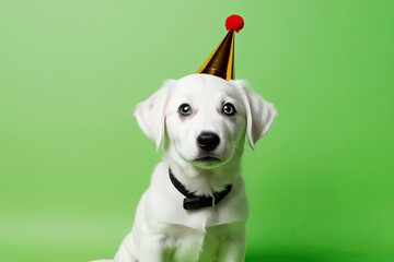 Adorable White Puppy with Bright Eyes and Party Horn on Colorful Green Background
