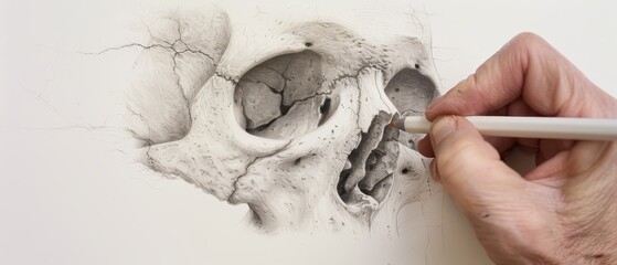 human skull with pencil in left hand