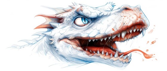 Naklejka premium A tight shot of a white dragon's visage bearing intricate red and white markings